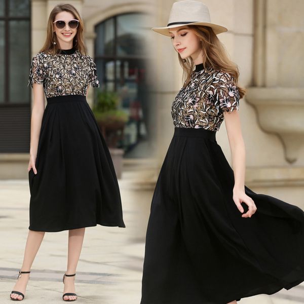 

2020 fashion designer skirt women's embroidery lace printing black dress banquet skirt medium length dress summer dresses for women, Black;gray