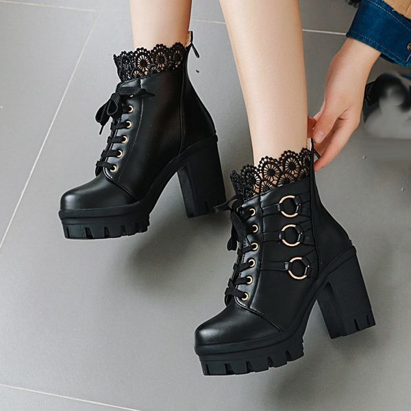 

women's shoes korean gothic shoes boots women fashion winter lace pure color high-heeled women ankle boots party shoes#g4, Black