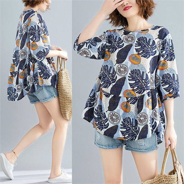 

2019 artistic cotton and linen printed large sleeve loose skirt swing jacket size t-shirt size t-shirt, White