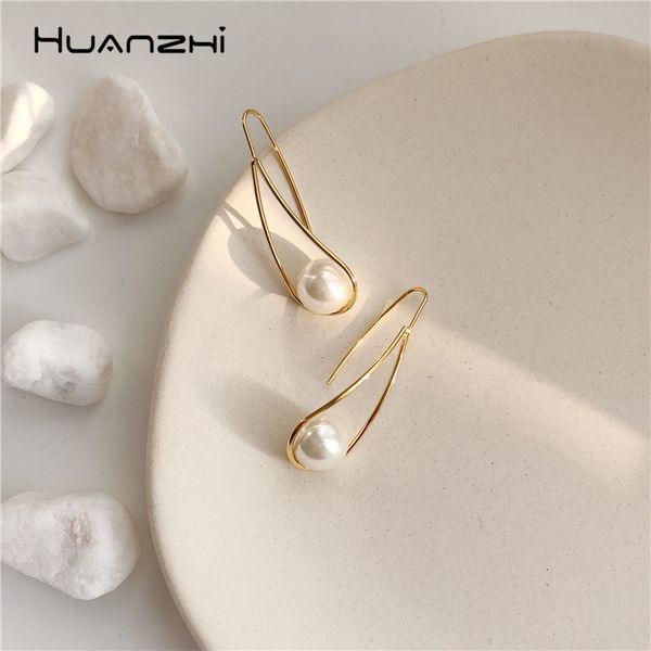 

huanzhi 2019 sweet chic imitation pearls water droplets geometric long drop earrings for women girl wedding party gift jewelry, Silver