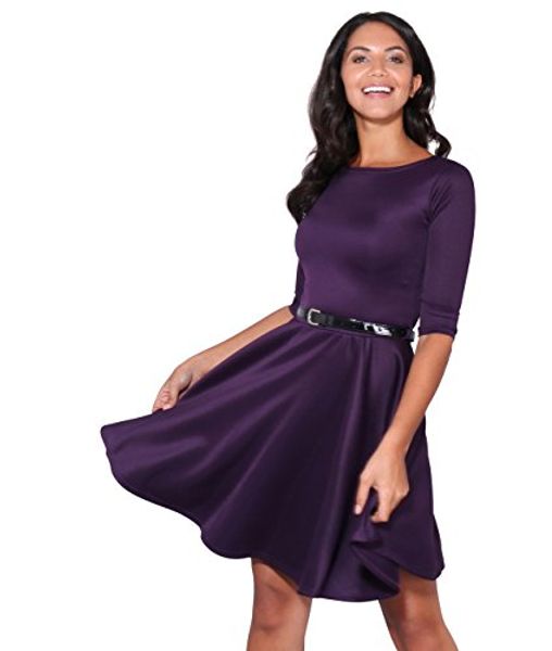 

krisp womens 3/4 sleeves skater fit and flare belted mini dress, Black;gray