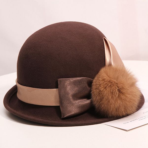 

autumn winter dome wool hat female korean fashion elegant bow bucket hat retro british warm bucket hats, Blue;gray