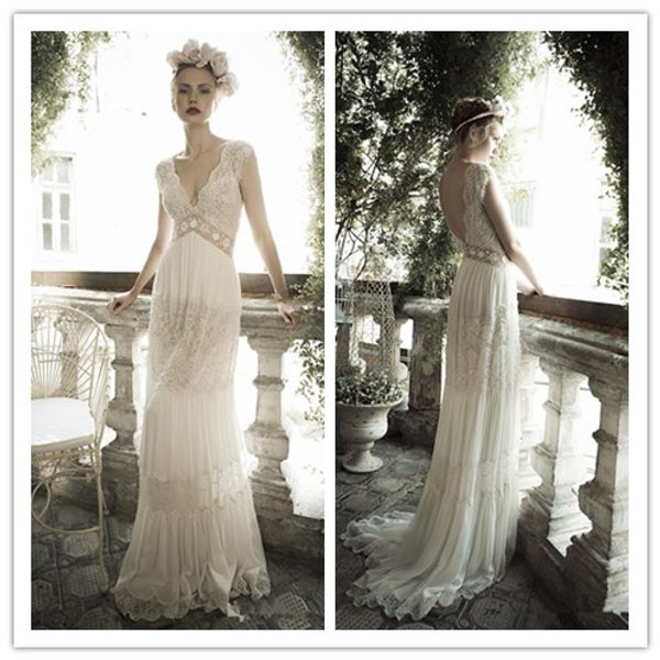 

vintage lihi hod wedding dresses sheer deep v neck backless bohemia lace applique 2019 wedding gowns chiffon court train long bridal dress, White
