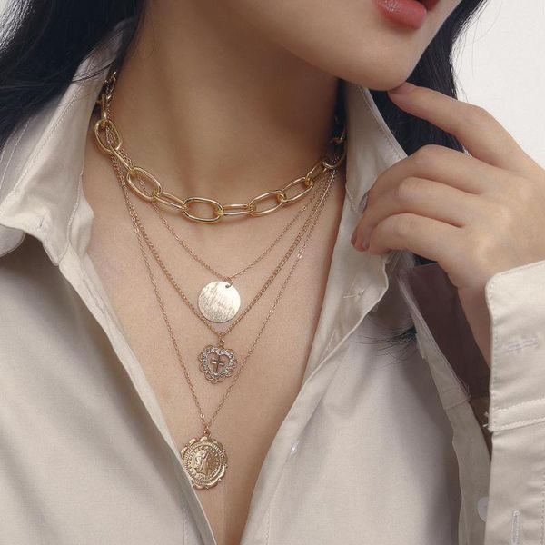 

ornament personality cross hollow sequins ornament retro multilayer mixed heart shaped necklace, Silver