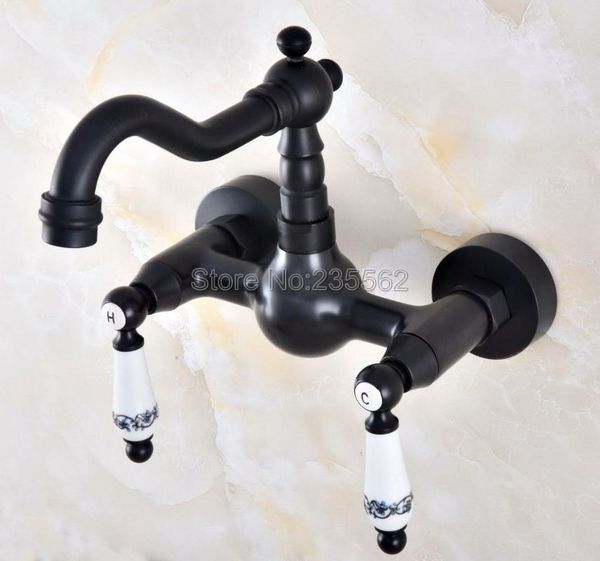 

black oil rubbed brass kitchen sink faucet wall mounted double handle bathroom basin cold and mixer tap lnf859
