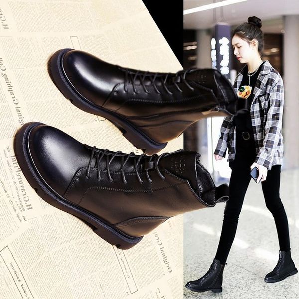 

med heel boots shoes winter footwear round toe lace up boots-women booties ladies 2020 rubber 2019 rock fabric rome square heel, Black