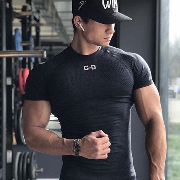 

2019 brand men running t-shirt gym shirt bodybuilding fitness short sleeve sport t shirt mens casual print slim outdoor tee, Black;blue