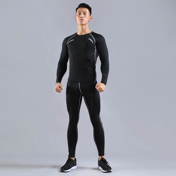 

2pcs / set men's workout sports suit gym fitness compression clothes running jogging sport wear exercise workout tights, Black;blue