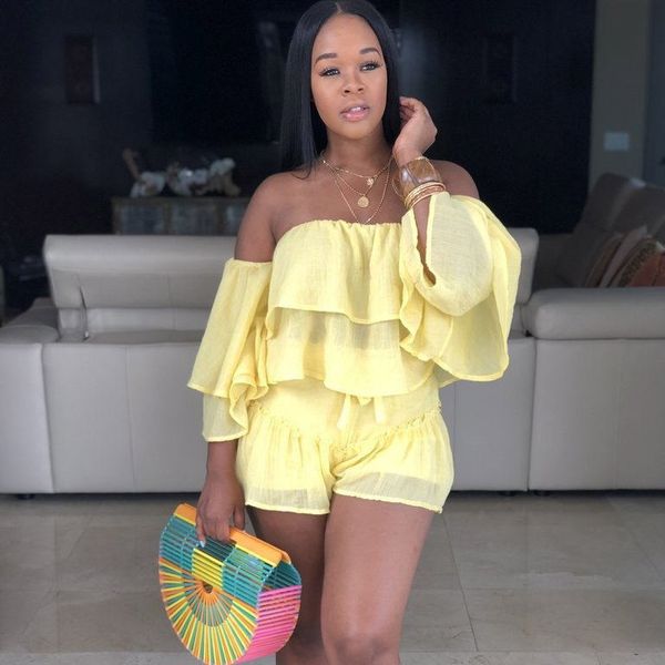

solid short sleeve off shoulder ruffles two piece set sweet shorts suit women casual streetwear outfits, White