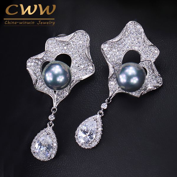 

cwwzircons fashion women micro pave cz jewelry long gray pearl dangle earring with water drop cubic zirconia stone cz158, Silver
