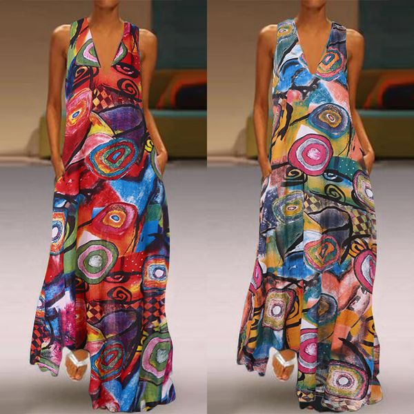 

vintage printed maxi dress zanzea 2019 women's sundress casual summer long vestidos female v neck party robe femme linen dress, Black;gray