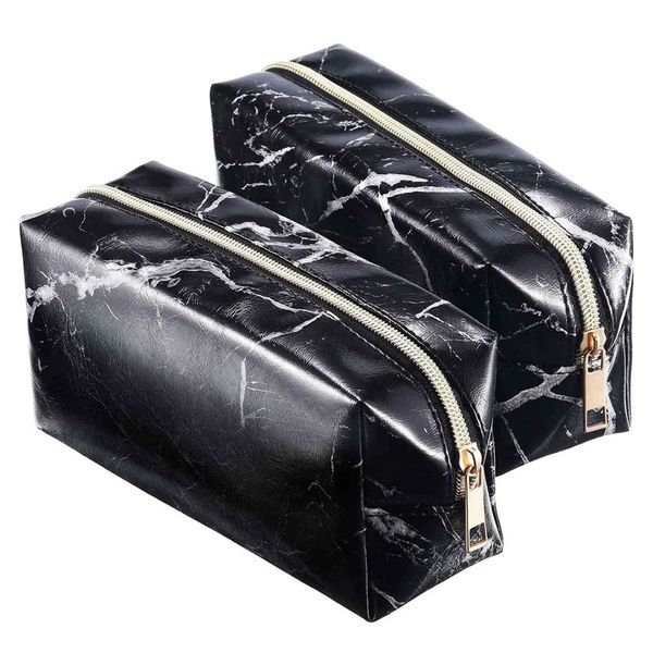 

2 pieces cosmetic toiletry makeup bag pouch gold zipper storage bag marble pattern portable makeup brushes (black