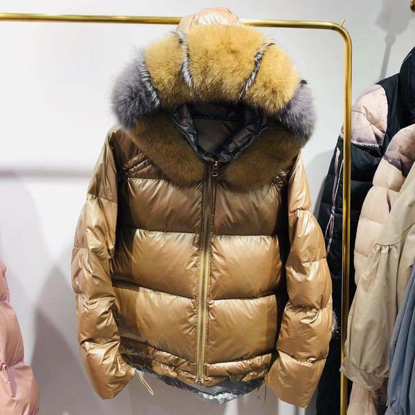 

luxury real fox fur fur collar jacket korean warm white duck down coat double sided down coat warm parkas snow outerwear, Black