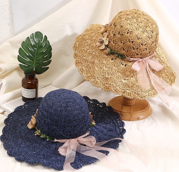 

summer hand-woven pineapple flowers hat straw woven sunbonnet big folding seaside bowknot false garland fisherman hat for pretty female, Blue;gray