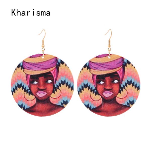 

kharisma hiphop/rock wooden printed drop earrings african round personality handmade big pendant earrings for women party, Silver