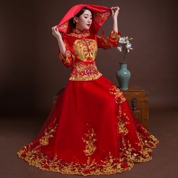 

bride traditions women phoenix embroidery cheongsam long qipao wedding dress traditional chinese dresses china clothing store, Red