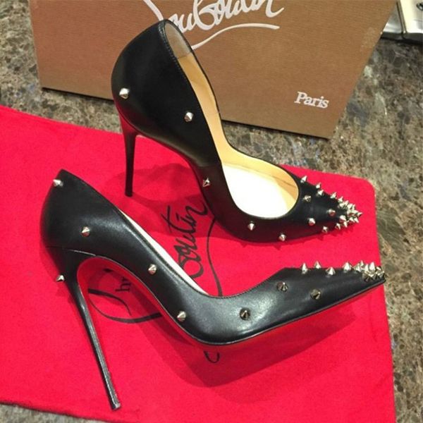 

With box tiletto heel 2019 women heep kin red bottom rivet pointed toe fine heel wedding heel hoe 8cm 10 cm 12cm dre hoe