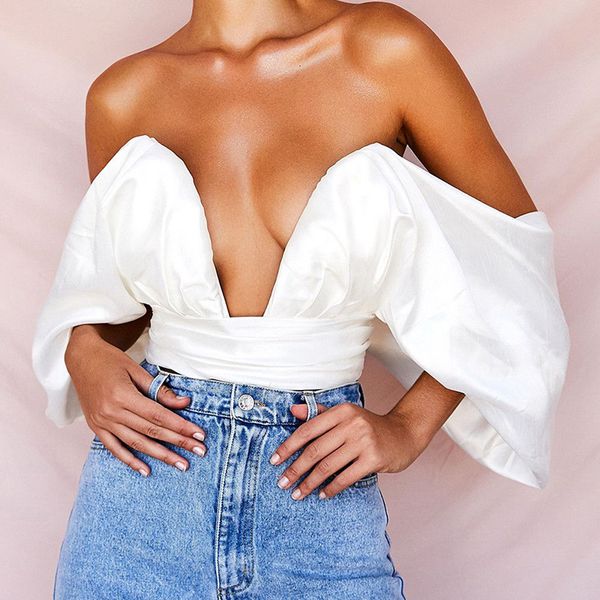 

fashion blouses women satin deep v-neck off shoulder strapless bow lace up backless ladies cropped streetwear, White