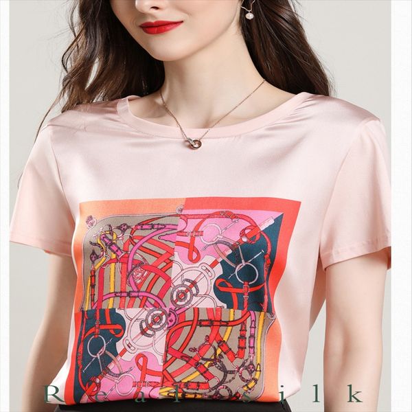 

лето 2020 ситца сшитого шелка футболка женский круглый воротник футболка топ с коротким рукавом свободных шелковиц верха, White