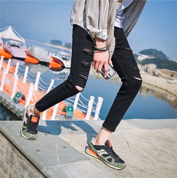 

new style jeans men trend slim fit jeans men's wear black ripped capri pants skinny jeans boy's, Blue