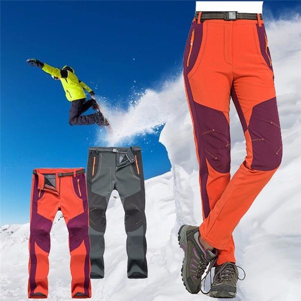 

men women winter fleece outdoor hiking pants camping climbing trekking skiing softshell trousers fishing waterproof xxl, Black;green