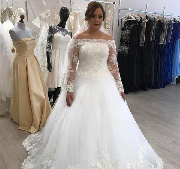 

2020 индивидуальные роскошные плюс размер белые свадебные платья с плеча с длинным рукавом бато шеи свадебные платья аппликация принцесса св, White