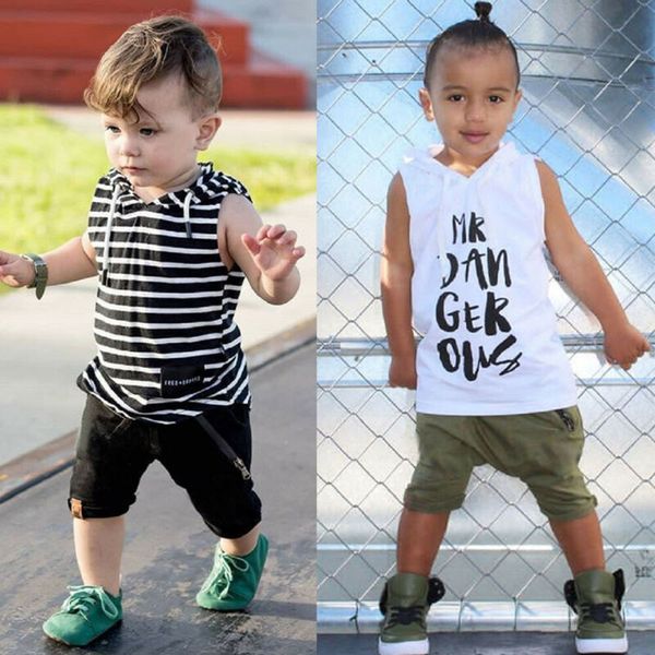 

2pcs toddler kid baby boy clothes sleeveless hood t-shirt shorts outfit set, White