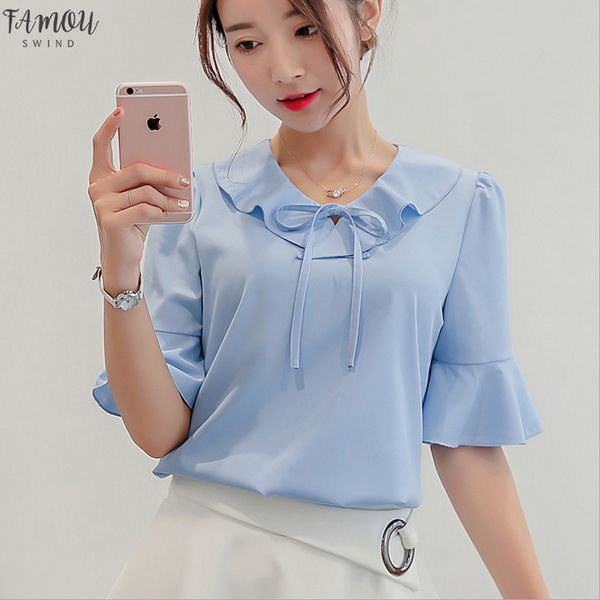 

new women short sleeve casual chiffon blouse fashion korean elegant women clothes streetwear summer 2020 women blue shirt, White