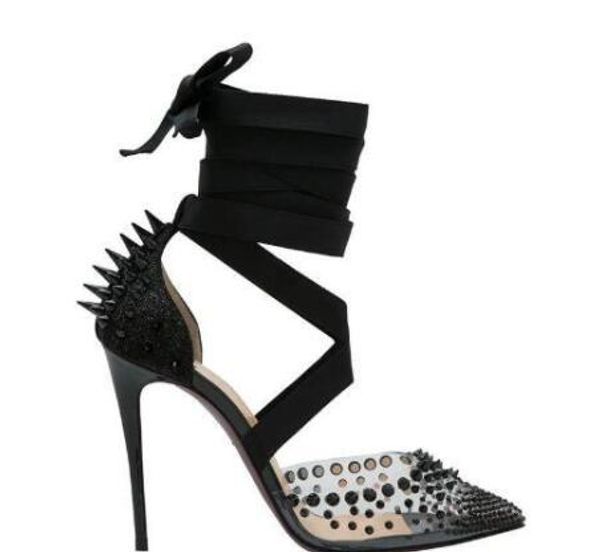 

2019 new women's , transparent rivet dress shoes, stylish black ribbon wrap around the feet, party sandals and wedding