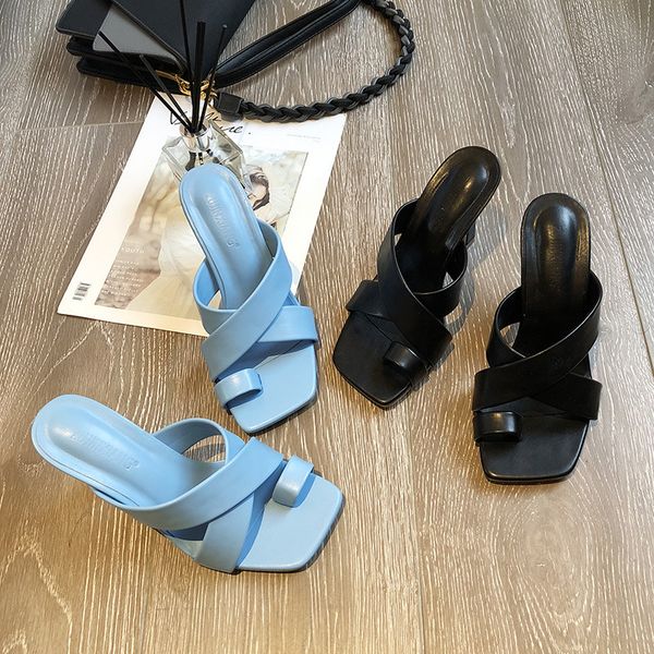 

thin heels slippers women summer shoes slides heeled mules pantofle rubber flip flops high 2020 hawaiian pu scandals rome sexy, Black