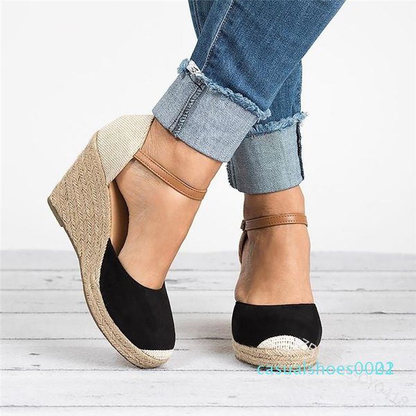 

puimentiua women shoes suede wedges high ankle sandals round toe casual shoes 2019 new high slope round head sandals casual shoe c22, Black
