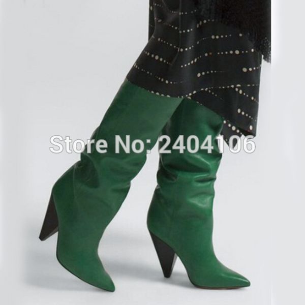 

black red green plain leather knee high boots woman spike heels autumn shoes fashion motorcycle booties pointed toe botas mujer