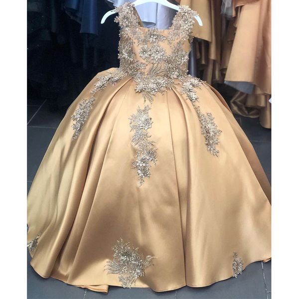 

2020 luxurious gold flower girl dresses lace beaded satin square neck sleeveless appliques holy communion dress, Red;yellow