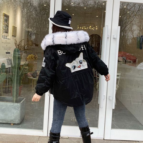

down jacket 90% white down women coat winter 2019 new cartoon animal pattern hooded with real fur collar thick warm coats, Black