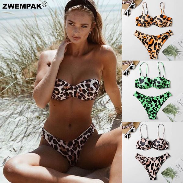 

bikinis set summer leopard print women two pieces swimsuit 2021 bandeau push up bikini female beach wear swim suits femme biquini