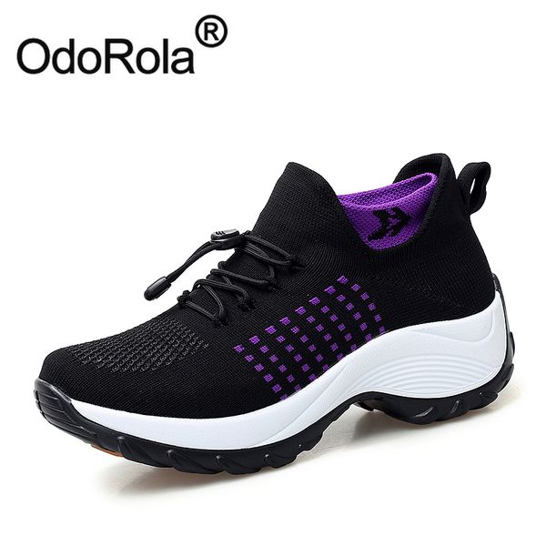 

odorola women's casual sneakers platform flat shoes breathable ankle boots autumn shoes thick bottom dance for women, Black
