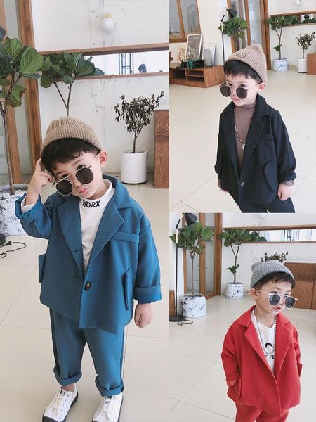 

children's clothing suit 2020 spring fall little boys solid casual suits clothes korean baby kids v-neck suit coat + pants x528, White