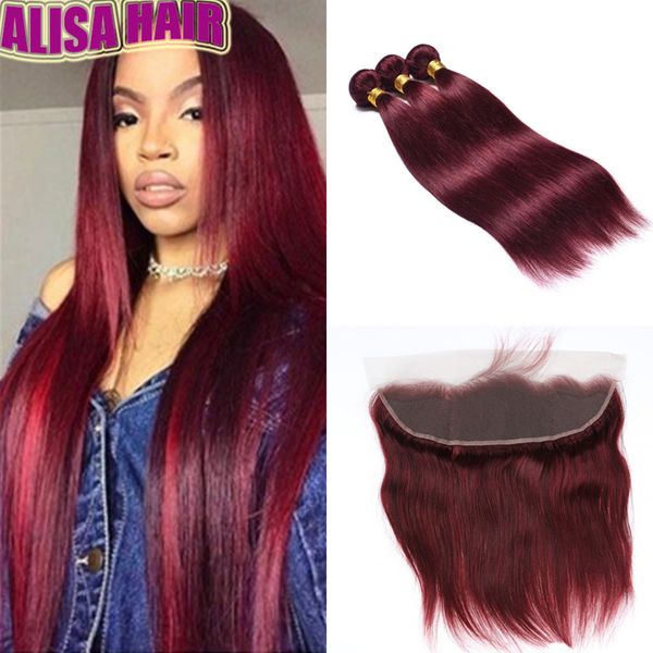 2019 Red Brazilian Hair Weave Closure With Bundle 99j Burgundy
