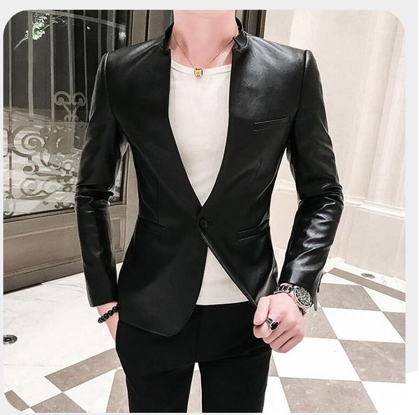 

autumn leather jacket male stand collar korean hair stylist fashion men's small suit slim jacket trend motorcycle leather, Black