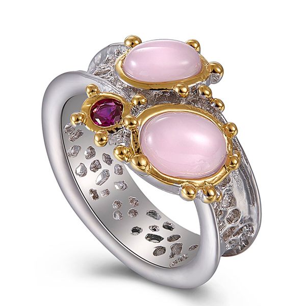 

latest fashion ring oval pink opal stones luxury jewellery silver+gold 2 tone plated pretty finger rings for women, Golden;silver