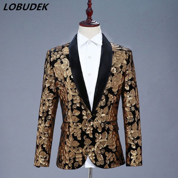 

gold sequins fashion blazer coat 4 colors formal jacket nightclub men dj singer stage wear prom host wedding performance costume, White;black