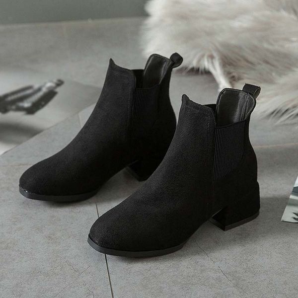 

autumn winter booties women ankle boots flock slip-on round toe med square heel solid casual lady shoes plus size 35-41, Black