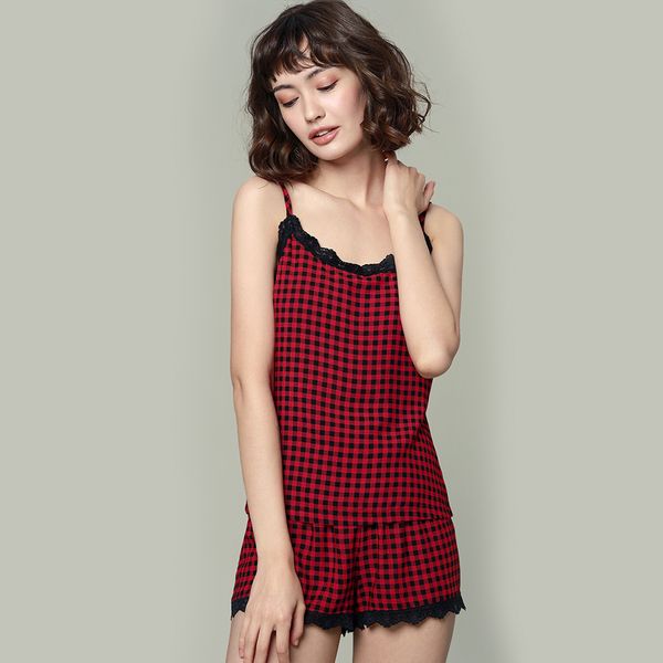 

summer sleepwear for women red plaid sleeveless spaghetti strap spants nightwear pyjamas set, Blue;gray