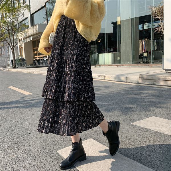 

large size m-4xl 2019 autumn and winter plus size skirt fat mm200 kg medium long french style thin cake skirt, Black