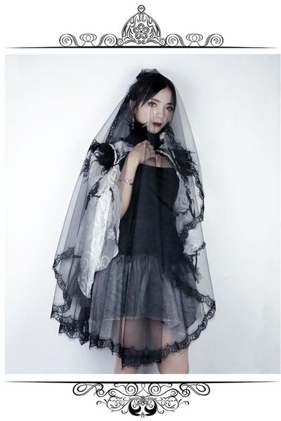 

2018 punk short bride black veil halloween holiday cos p style black embroidered lace 1.5 m double stitching veil