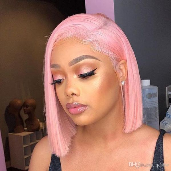 Baby Pink Full Lace Wig Short Bob Cut Natural Hairline Peruvian