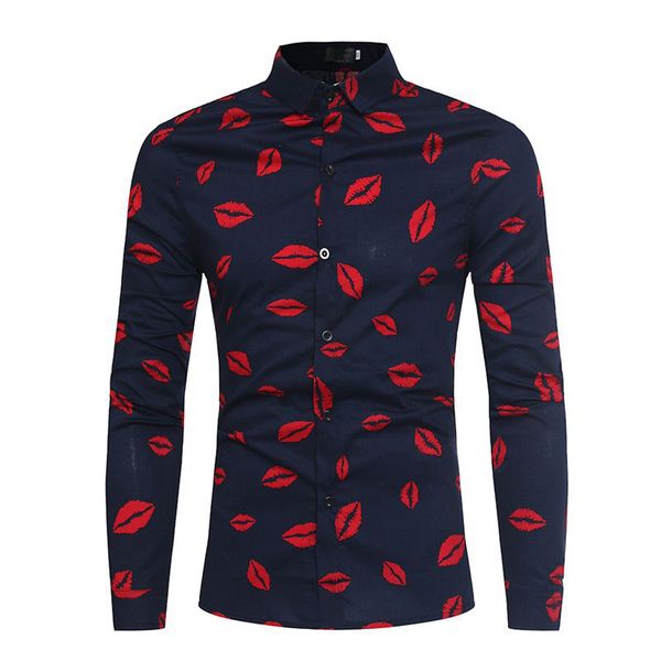 

fashion lip printed long sleeve men dress shirts slim fit masculina homme white navy shirts -3xl, White;black