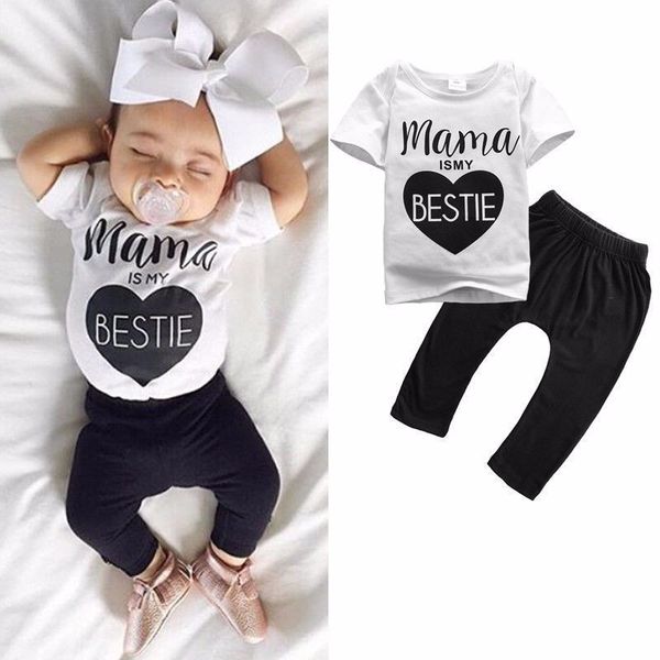 

бесплатная доставка новорожденный ребенок девочки мальчики одежда mama is my bestie пуловер с коротким рукавом футболки твердые pant 2pc мал, White