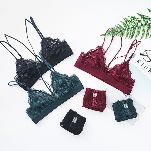 

bra set lace french full perspective 3 4 cup bra set without steel ring thin cup ladies underwear bralette, Red;black