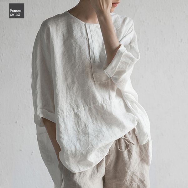 

fashion 2019 blouse casual batwing sleeve loose summer solid women buttons linen baggy work office shirts plus size, White